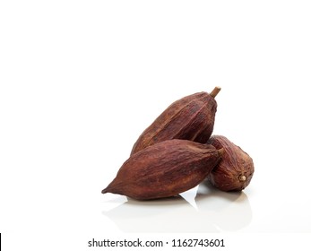 Three Fresh Cacao Pods Isolated On A White Background