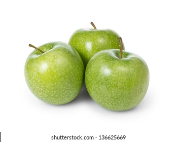 three fresh green granny smith apples, isolated