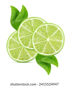 Three fresh lime ring slice with green leaf isolated on white background. Clipping Path. Full depth of field.