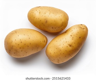 Three fresh potatoes isolated on white background; healthy raw food; top view