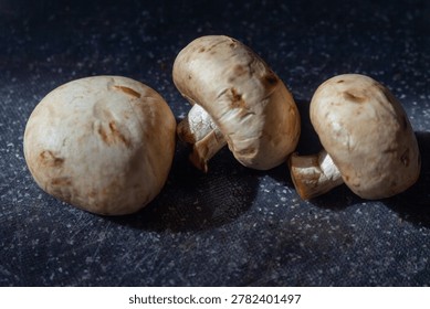 Three fresh raw white button mushrooms on a dark stone background surface