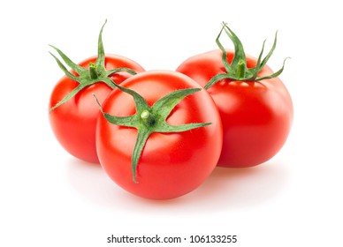 three fresh tomatoes with green leaves isolated on white background - Powered by Shutterstock