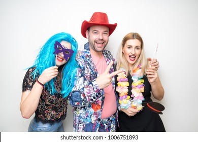 Three Friends Girls Pose Photo Booth Shoot Party Studio Wedding Drunk Props Happy Camera