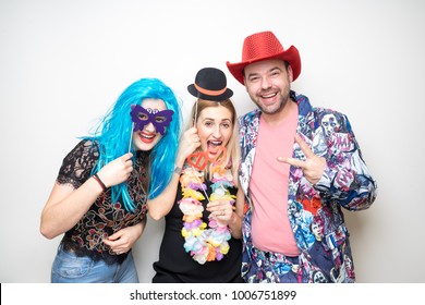 Three Friends Girls Pose Photo Booth Shoot Party Studio Wedding Drunk Props Happy Camera