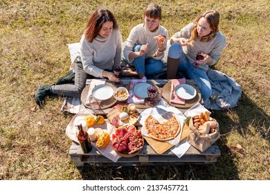 Three friends had a picnic in the autumn field. 3 young women beautifully eat and drink wine. Girlfriend concept. Autumn forest.