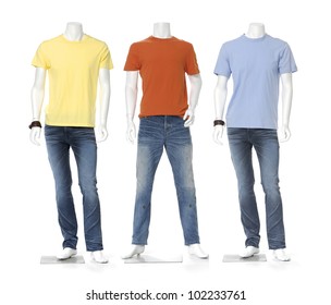 Three Full Length Male Mannequin Dressed In Shirt ,isolated