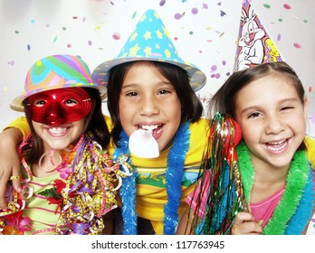 Three Funny Carnival Kids Portrait Enjoying Together.