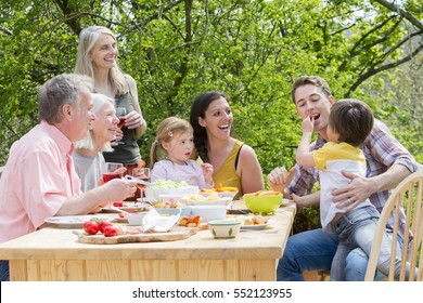 Three generation family having a garden party in the summer. Everyone is laughing and looking at the little boy, who is feeding his father some red pepper. - Powered by Shutterstock