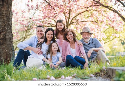 Three Generation Family Sitting Outside In Spring Nature, Looking At Camera.