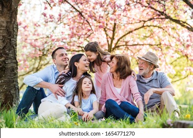 Three Generation Family Sitting Outside In Spring Nature.