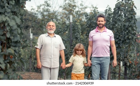 Three Generations Of Caucasian Men. Boy Child With Father And Old Grandfather. Farmer Men Farming And Gardening On Farm Oncountryside.