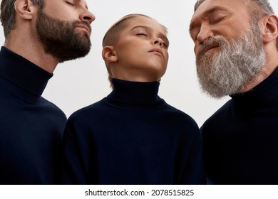 Three Generations Of Caucasian Men On One Picture, Show Beard Difference, Age Gap. Small Boy Child With Young Father And Old Grandfather Isolated On White Studio Background. Fatherhood, Bonding.