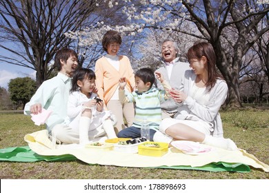 Three Generations Of A Japanese Family Having A Lunch In A Park 