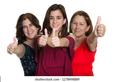 Three generations of latin women smiling and doing the thumbs up sign - Isolated on white