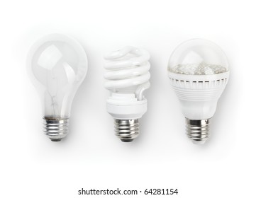 Three generations of light bulbs. Regular incandescent, energy saving fluorescent and LED isolated on white background with clipping path