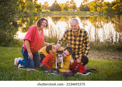 Three generations of mix race family gathered on blanket near Midwestern lake; white father and his African American twin boys playing with a small dog; grandparents smiling 