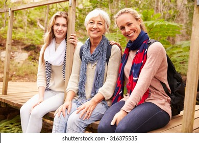 Three generations of women sitting in a forest, portrait