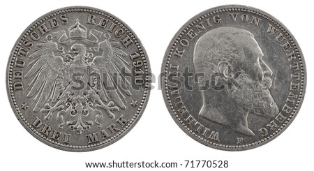 Three german deutschemarks 1910. Isolated on a white background
