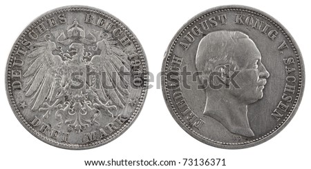 Three german deutschemarks 1910. Isolated on a white background