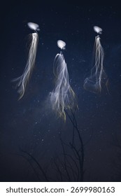 Three ghostly light figures floating above barren trees under a starry night sky. Surreal and eerie atmosphere.