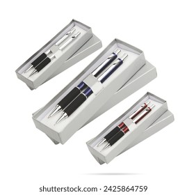 Three gift pens in classy, opened soft plastic or paper pencil box. Gift box packaging for promotional branding. Promotional gift twin pens in box. Silver, blue and red colored pens.