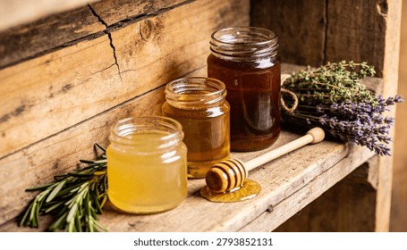 Three Glass Jars with Different Types of Honey on Vintage Wooden Shelf, Rustic Still Life with Honey Dipper, Fresh Rosemary, Thyme and Lavender, Organic Raw Honey and Healthy Natural Food Concept.