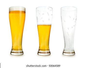 Three glasses of beer with one full, one half gone, and one empty on a white background.