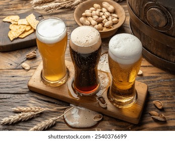 Three glasses of different beer types in beer glass holder and beer snacks on wooden background, top view.