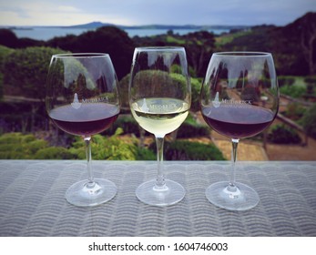 Three Glasses With Different Wine In Mudbric Winery In Waiheke Island,  New Zealand, September 2019