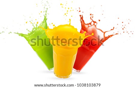 three glasses of juices splashing isolated on white