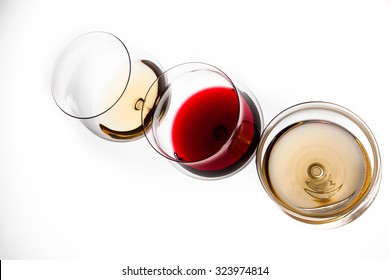 Three Glasses With Red And White Wine, The Top View