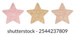 Three glittery stars in pink, gold, and rose gold. Glittery stars shine in pink, gold, and rose gold. Sparkling stars add a glittery touch