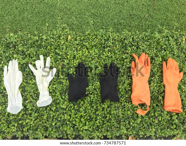 Three gloves on green tree background.\
White and orange rubber gloves, one black\
gloves.