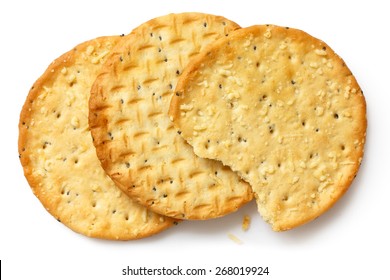 Three Golden Cheese Crackers On White.