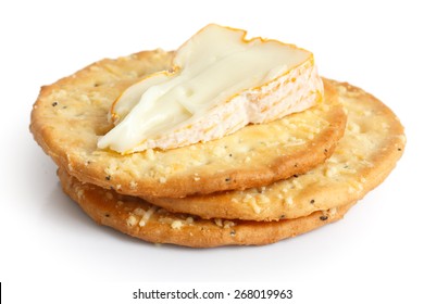 Three Golden Cheese Crackers On White. With Cheese.