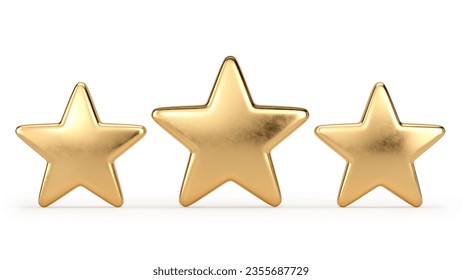 Three golden stars on a white background. 3D illustration