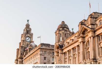 The Three Graces (made up of the Royal Liver Building, Cunard Building and Port of Liverpool Building) fill this multi image panorama on the Liverpool waterfront in August 2021.