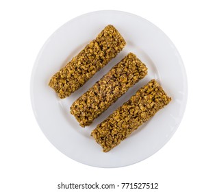 Three Granola Bar In White Plate Isolated On White Background. Top View