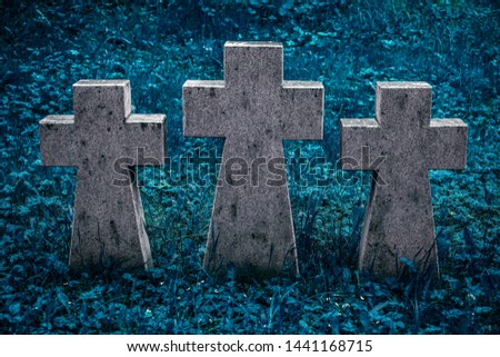 three gray granite crosses stand side by side in memory of the dead concept, close-up. 3 tomb crosses at cemetery.mass grave of the first world war 