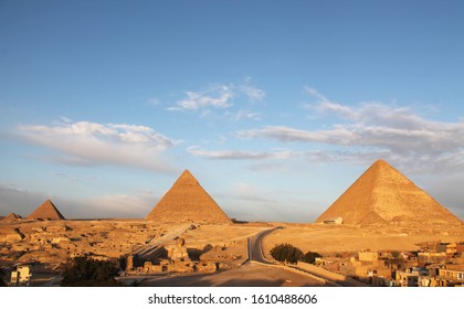 Three Great Pyramids Of Giza Aerial View, Journey Through Egypt, Mystical Place, Dawn Over The Desert.