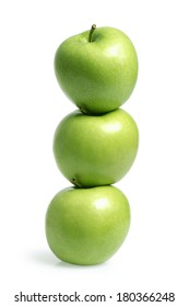 Three Green Apples Stacked On White Background