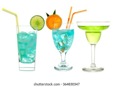 Three Green Cocktails Blue Hawaiian Cosmopolitan Mojito Tropical Cocktail Drinks With Alcohol Vodka In Martini Glasses Isolated On A White Background