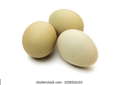 Three Green Eggs From Araucana Chicken Breed Isolated On White Background