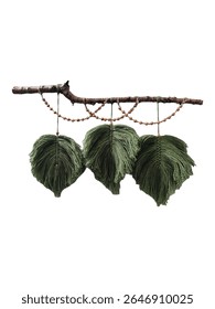 Three green macrame feathers on tree branch with beads wall hanging on white background isolated. Boho interior handmade wall decor, craft ideas, yarn decorative home decoration. 