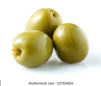 Three Green Olives Isolated On White