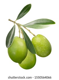Three green olives on branch with leaves (Olea europaea fruits), isolated - Shutterstock ID 1550564066