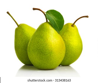Three green pear fruits with leaves isolated on white - Shutterstock ID 313438163