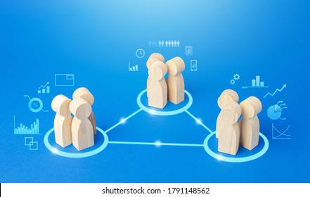 Three Groups Of People Are Connected By Lines. Coordination And Knowledge Sharing. Outsourcing. Business Model Of Autonomous Groups. Self-organization Structure Innovation. High Company Team Autonomy