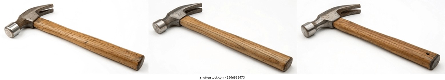 Three hammers are shown, one of which is a claw hammer. The hammers are all wooden and have a black handle. The hammers are arranged in a row, with the middle hammer being the largest