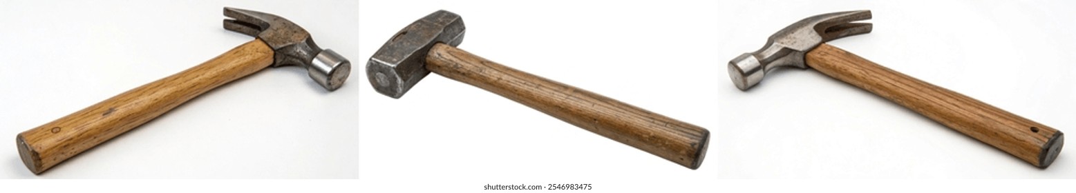 Three hammers are shown in a row, with the middle one being the largest. The hammers are all wooden and have a brown handle
